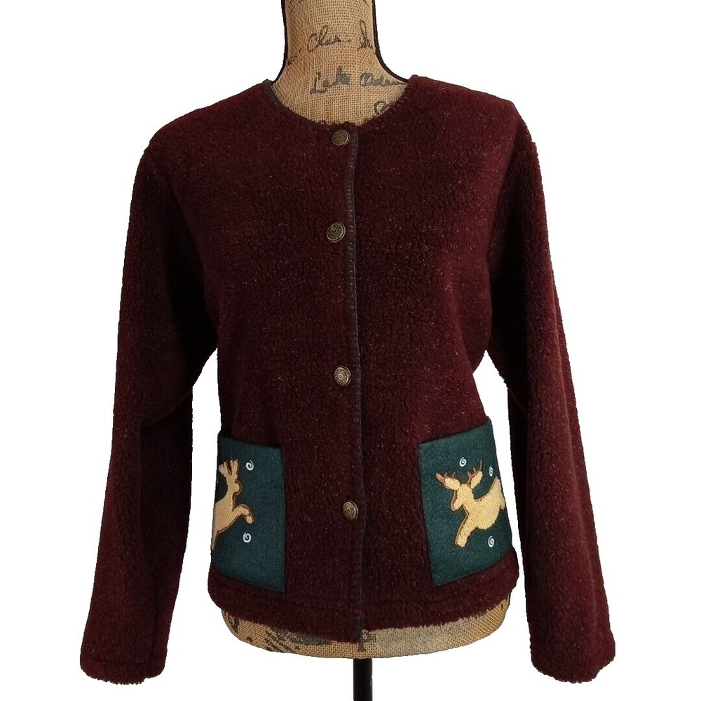 Christopher & Banks Jacket Size S Burgundy Green Reindeer Applique Embroider NEW